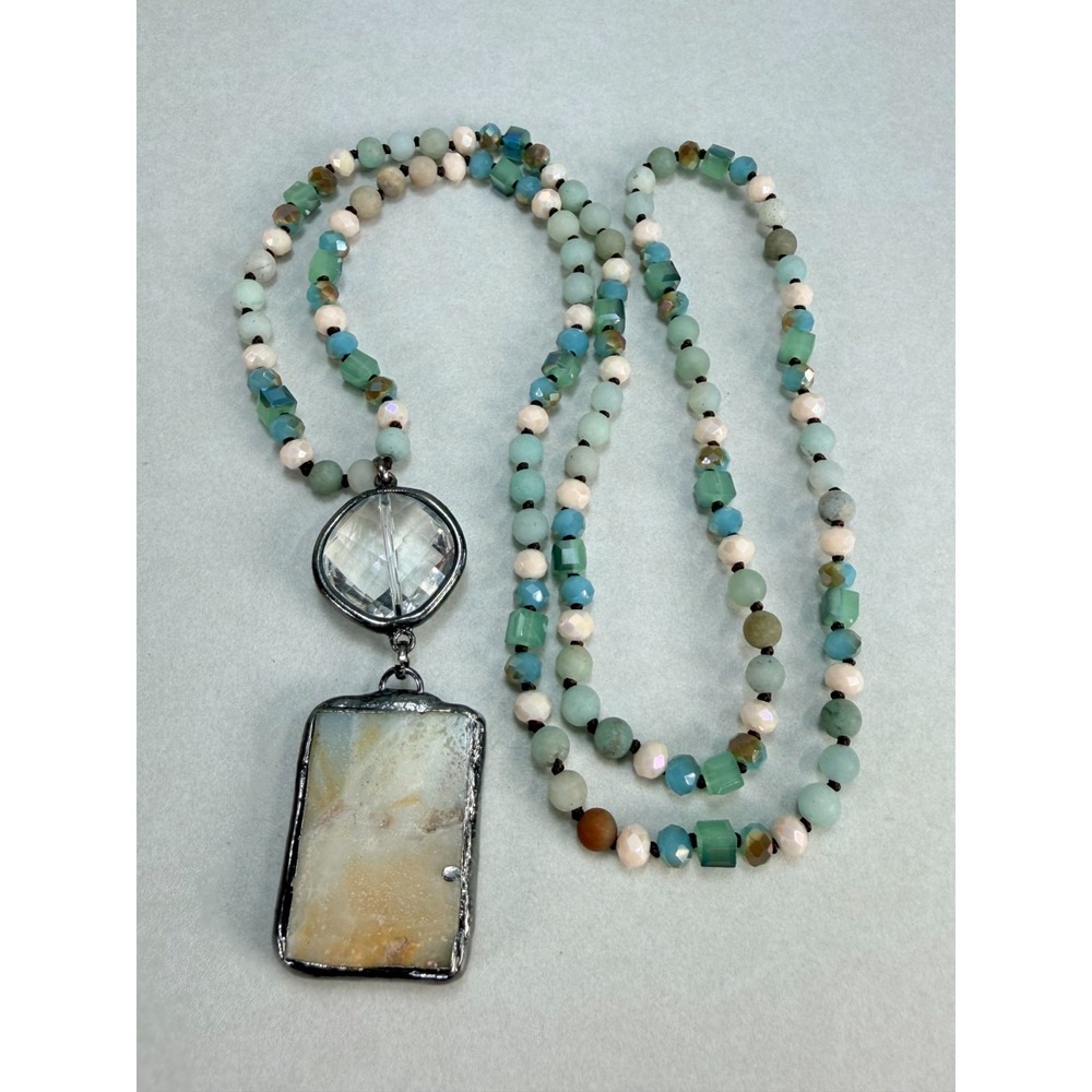 Long Aqua Blue Beaded Necklace Double Strand Large Stone Crystal Pendant Boho